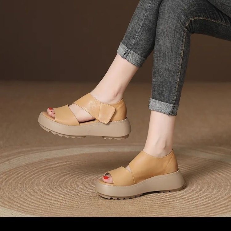 Retro Platform Sandals for Women Summer Fashion New Velcro Soft Bottom Middle Heel Wedge Casual Roman Sandals