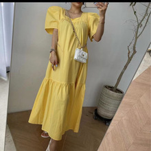 韩版新款中长裙气质通勤其他来源黄色纯色连衣裙