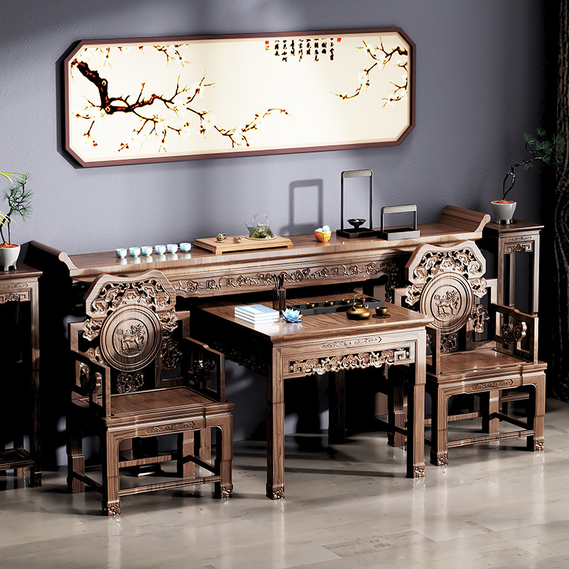 老式八仙桌中式实木中堂六件套明清家具佛台农村堂屋家用翘头条案