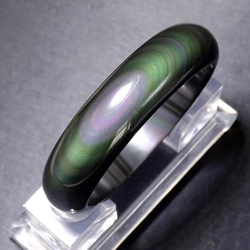 天然冰彩黑曜石手镯彩虹眼魅力大气女款圆形宽水晶手镯民族风