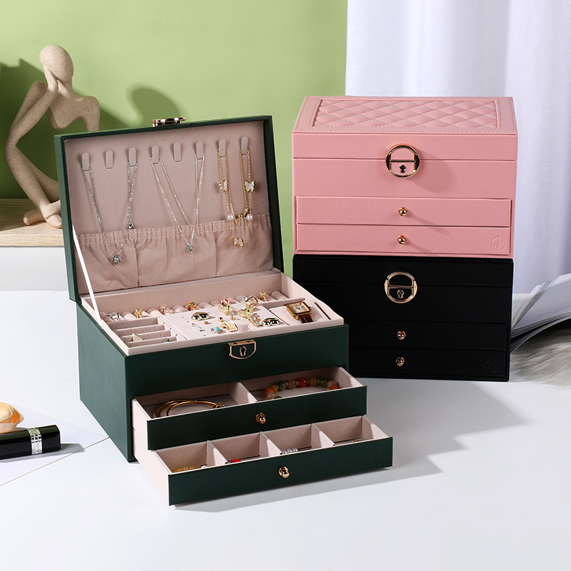 New Pu Large Capacity Jewelry Box Classic Style Necklace Ring Ear Studs Multi-Layer Storage Drawer Ornament Storage Box