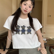 Z6630卡通熊可爱甜美美式少女上衣短袖夏季字母印花休闲短款T恤