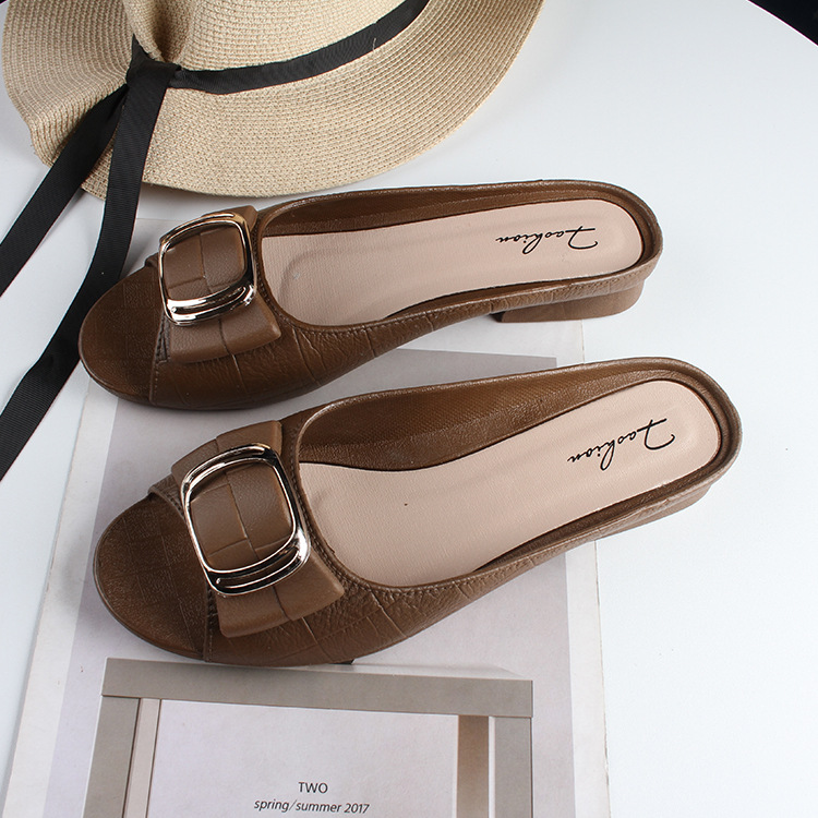 [Spot Delivery] Women's Summer Half Slippers Fashion Square Buckle Casual Thick Heel Outer Wear Flat Daily Sandals