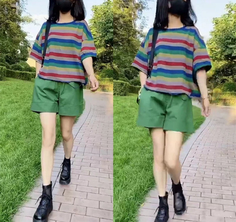 9563大爱美依缘2022夏季新款时尚韩版套装条纹半袖上衣绿色短裤潮