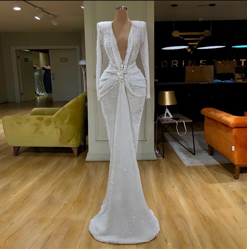 2021秋冬新款欧美外贸亚马逊拖尾连衣裙性感通勤女装宴会晚礼服