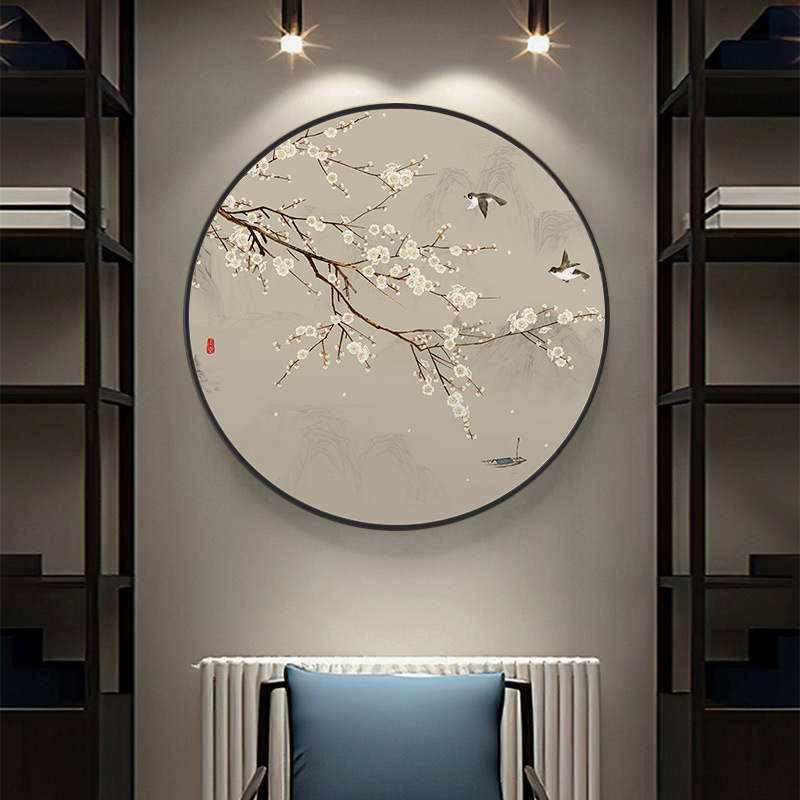梅花餐厅画圆形玄关装饰画新中式茶室过道走廊挂画客厅背景墙壁画