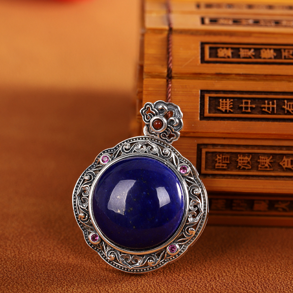 人品银品泰银复古项饰s925银镶青金石吊坠镂空精致做旧毛衣链配饰