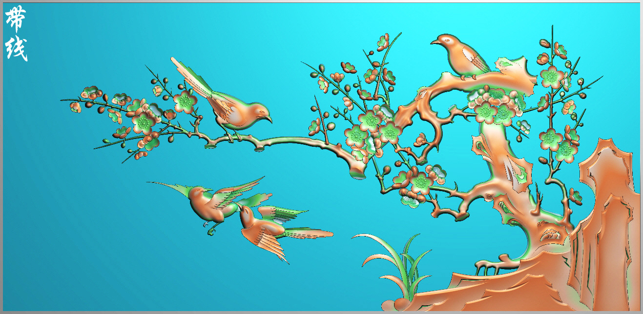 a精雕图梅花花鸟横板装饰挂画浮雕图灰度图木雕砂岩石雕刻图素材