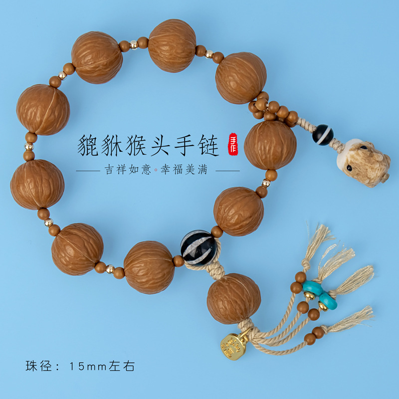 新款猴头单圈手链配橄榄核玛瑙天珠根付呱呱文玩佛珠手串货源批发-阿