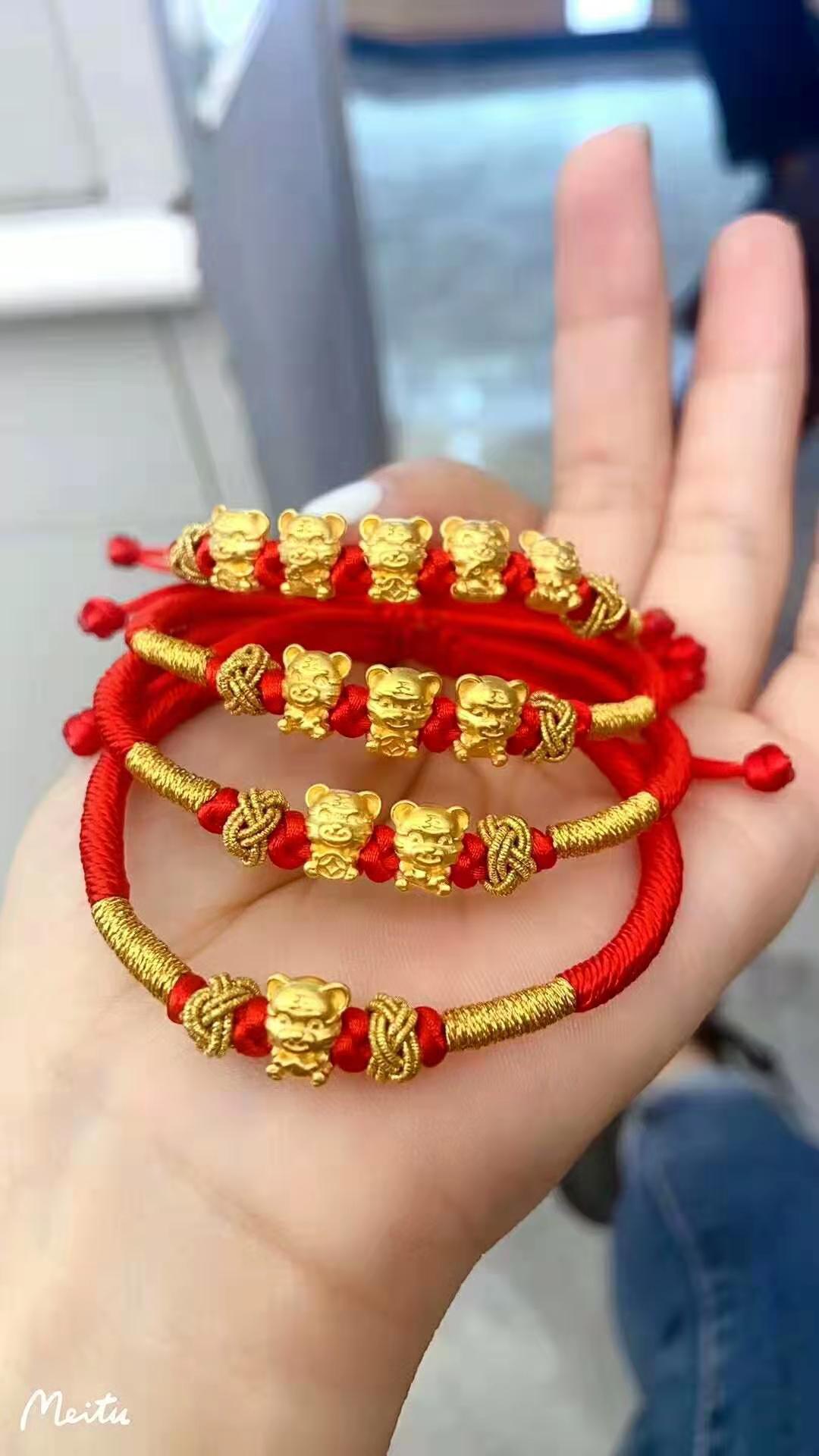 黄金五福虎手链女足金999生肖虎本命年转运珠福气虎3d硬金小老虎