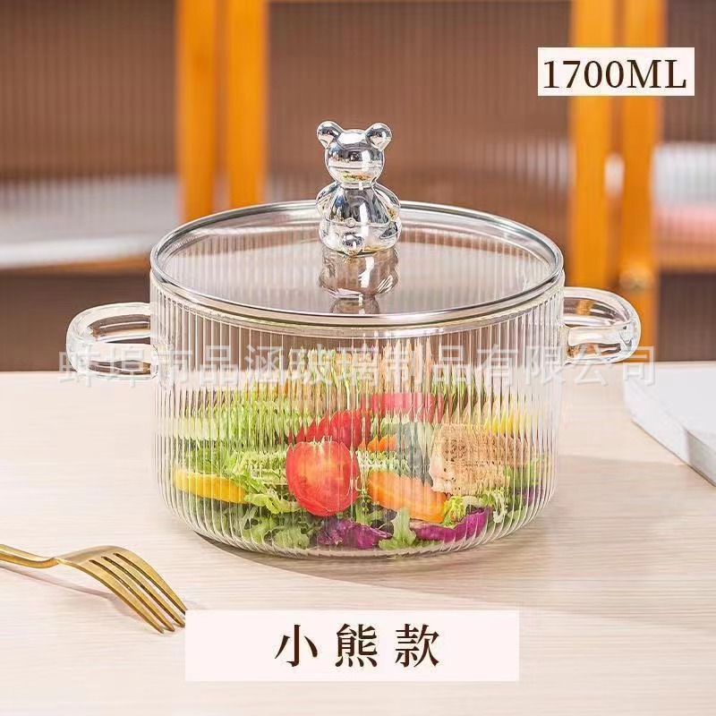 Binaural Bear Glass Pot Borosilicate Heat-Resistant Milk Pot Household Food Supplement with Lid Stew-Pan Instant Noodle Bowl Open Fire Soup Pot