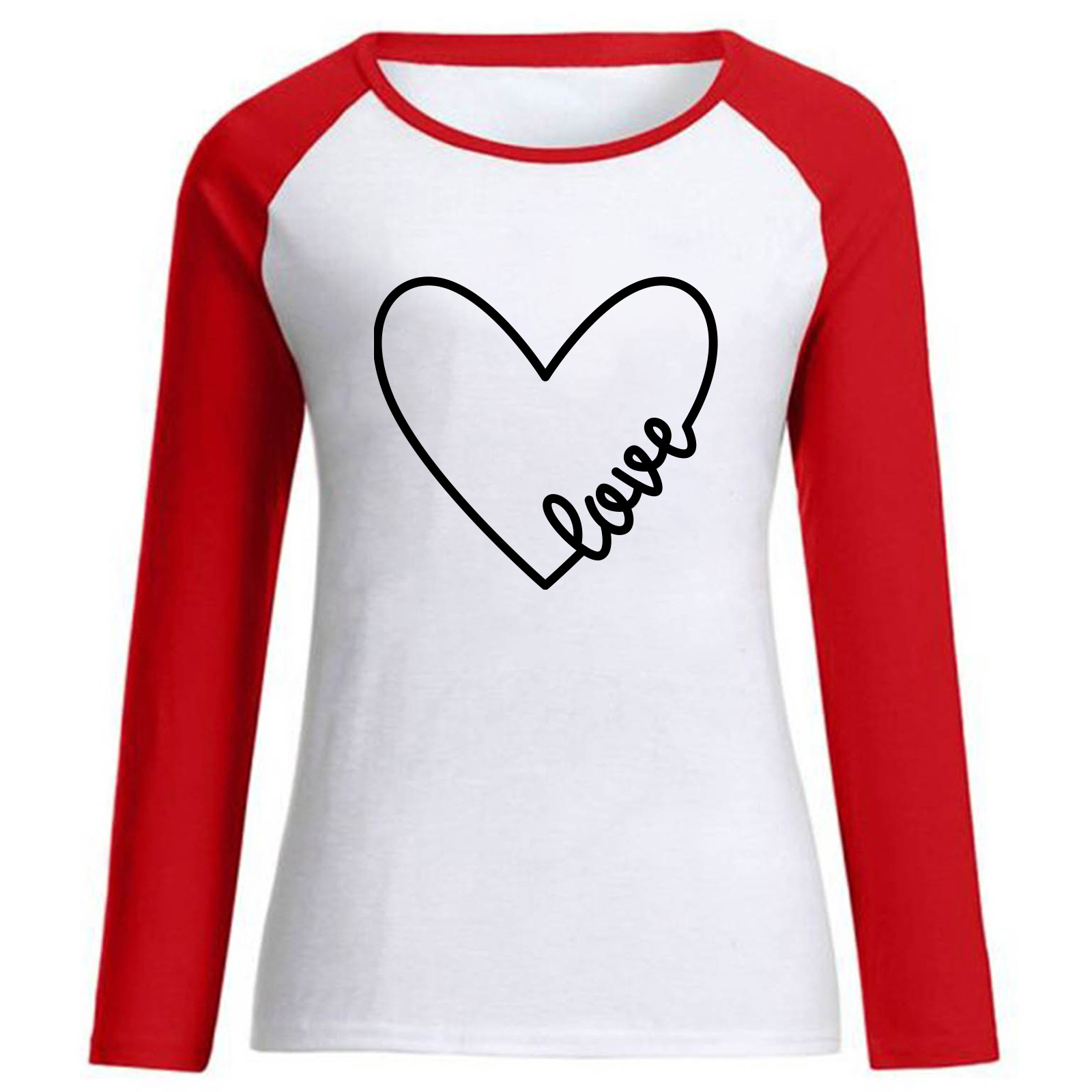 欧美t恤情人节长袖简笔画爱心图案印花插肩长袖情侣女装长袖现货