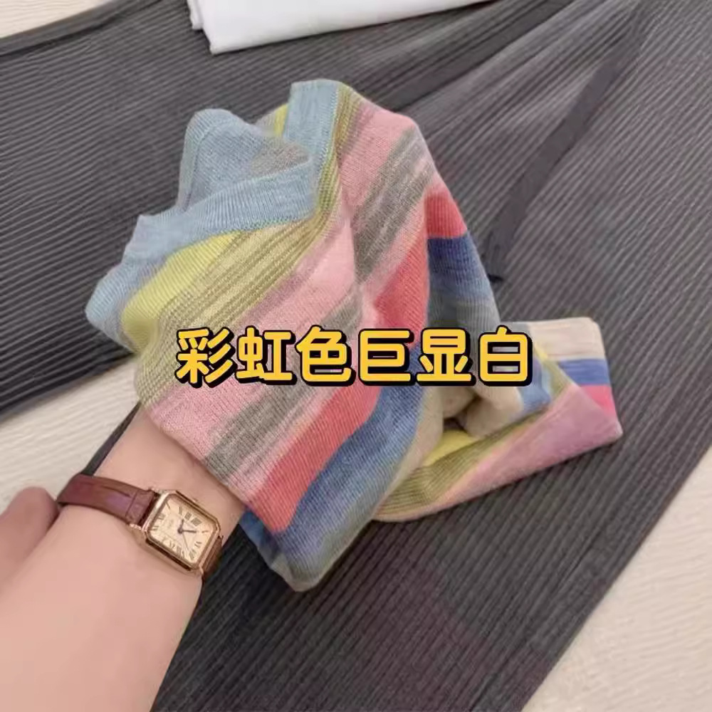 夏季新款彩虹条纹针织衫短袖独特设计感小众温柔风显瘦甜美上衣女