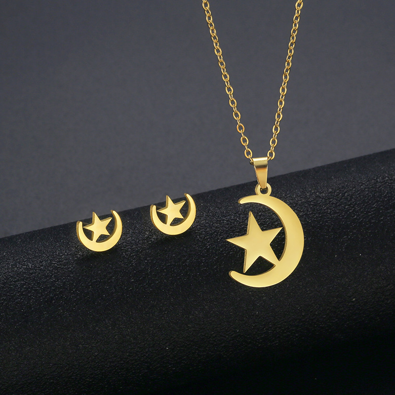 European and American New Star Necklace and Earring Suit South American Popular Stainless Steel Star Moon 18K Gold Plated Two-Piece Jewelry Set