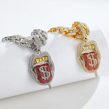 新款嘻哈立体彩钻吐舌头骷髅吊坠满钻钱币古巴项链单排链男女同款