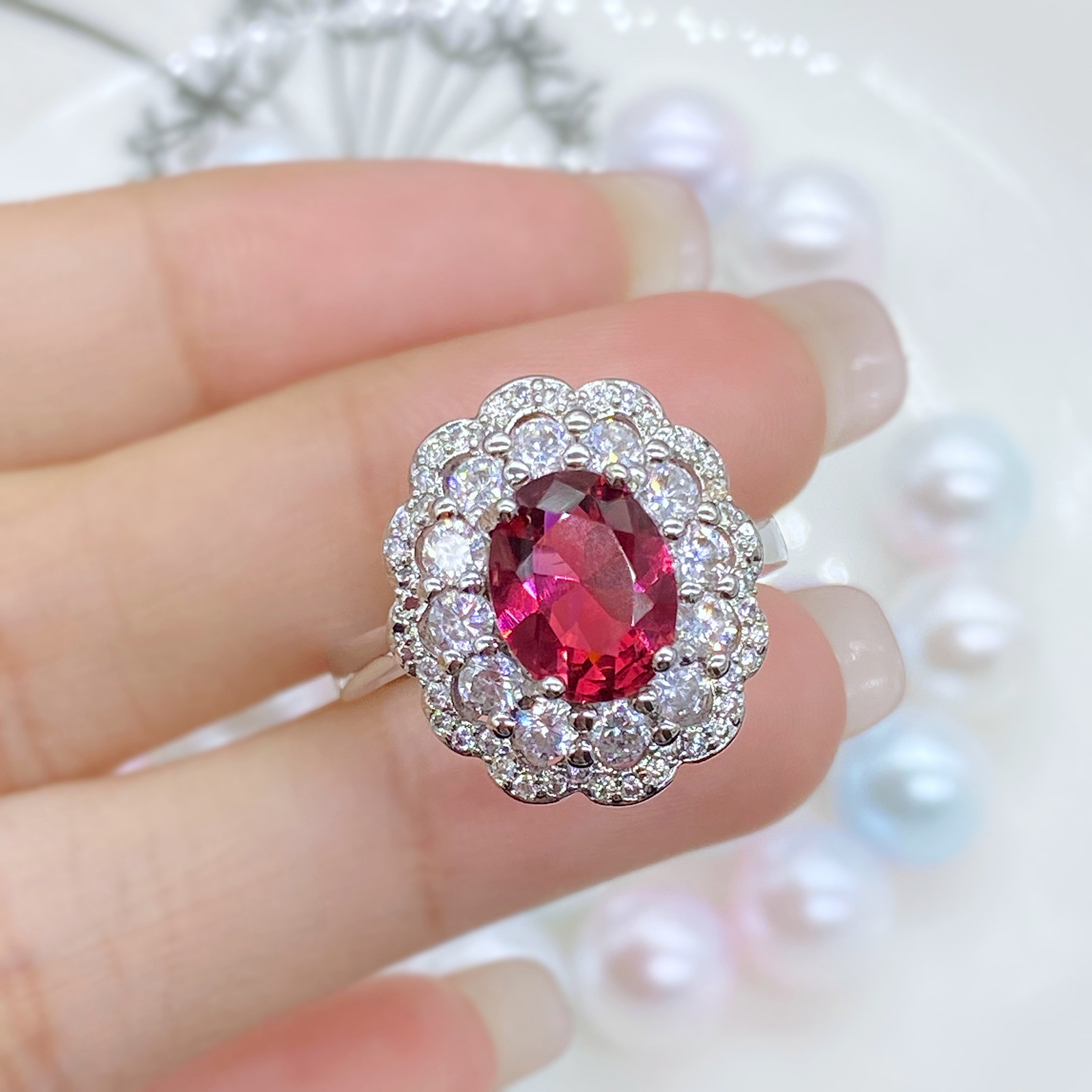 新品气质韩版奢华群镶锆石仿真红碧玺彩宝开口戒指女 时尚指环