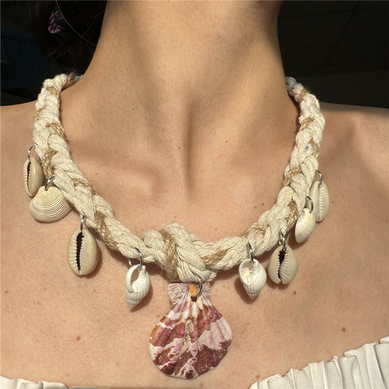 欧美热卖波西米亚手工编织贝壳项链海边休闲沙滩贝壳吊坠串珠项链