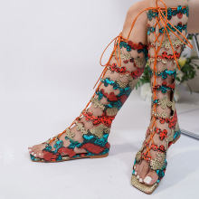 跨境fashion women sandals 欧美时尚彩色雕花女凉鞋罗马凉靴大码