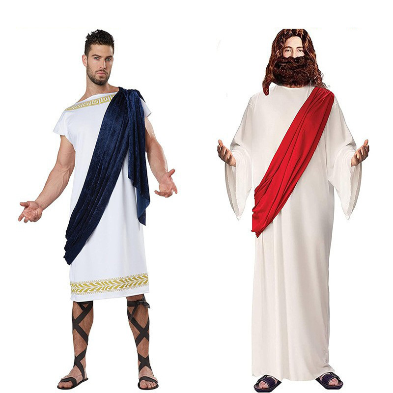 亚马逊热销耶稣服装成人男士白袍红蓝领巾罗马希腊宙斯长袍cos服
