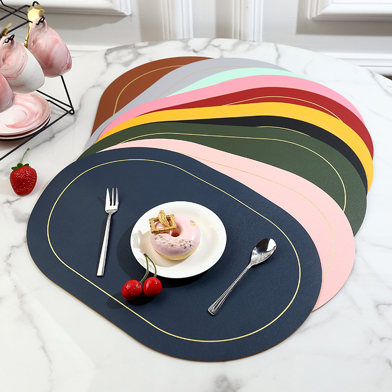 Factory Direct Supply Nordic Style Two-Color Contrast Oval Leather Placemat Hotel Household Waterproof Oil-Proof Insulation Placemat