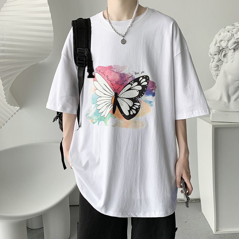 2021新款夏季男士短袖男港风宽松潮流蝴蝶印花t恤休闲时尚男装t恤