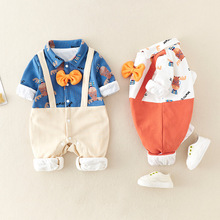 婴儿儿衣服春秋季长袖男宝宝套装满月服假两件儿领结连体衣春秋款