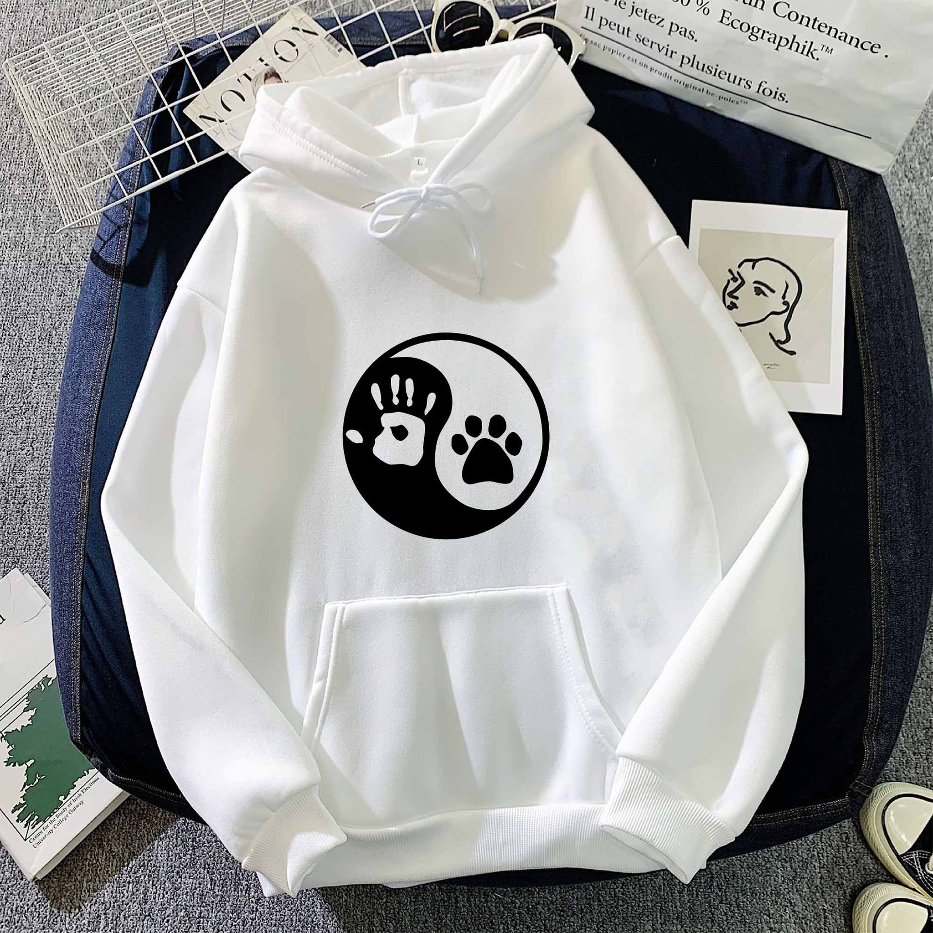 跨境欧美外贸手掌猫掌印花连帽衫卫衣秋冬男女款韩版休闲百搭上衣