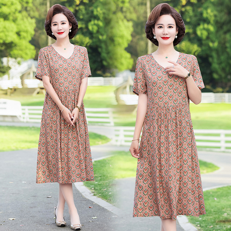 新款气质纯色妈妈装棉绸连衣裙夏40到50岁女人中年宽松中老年裙子