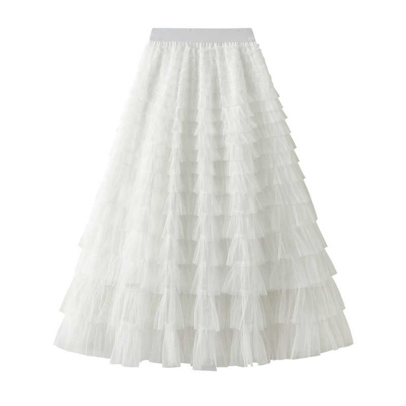 Mesh Tiered Skirt Women's Spring and Autumn 2023 New Dress Fairy White Yarn Skirt Pleated Dress 2210