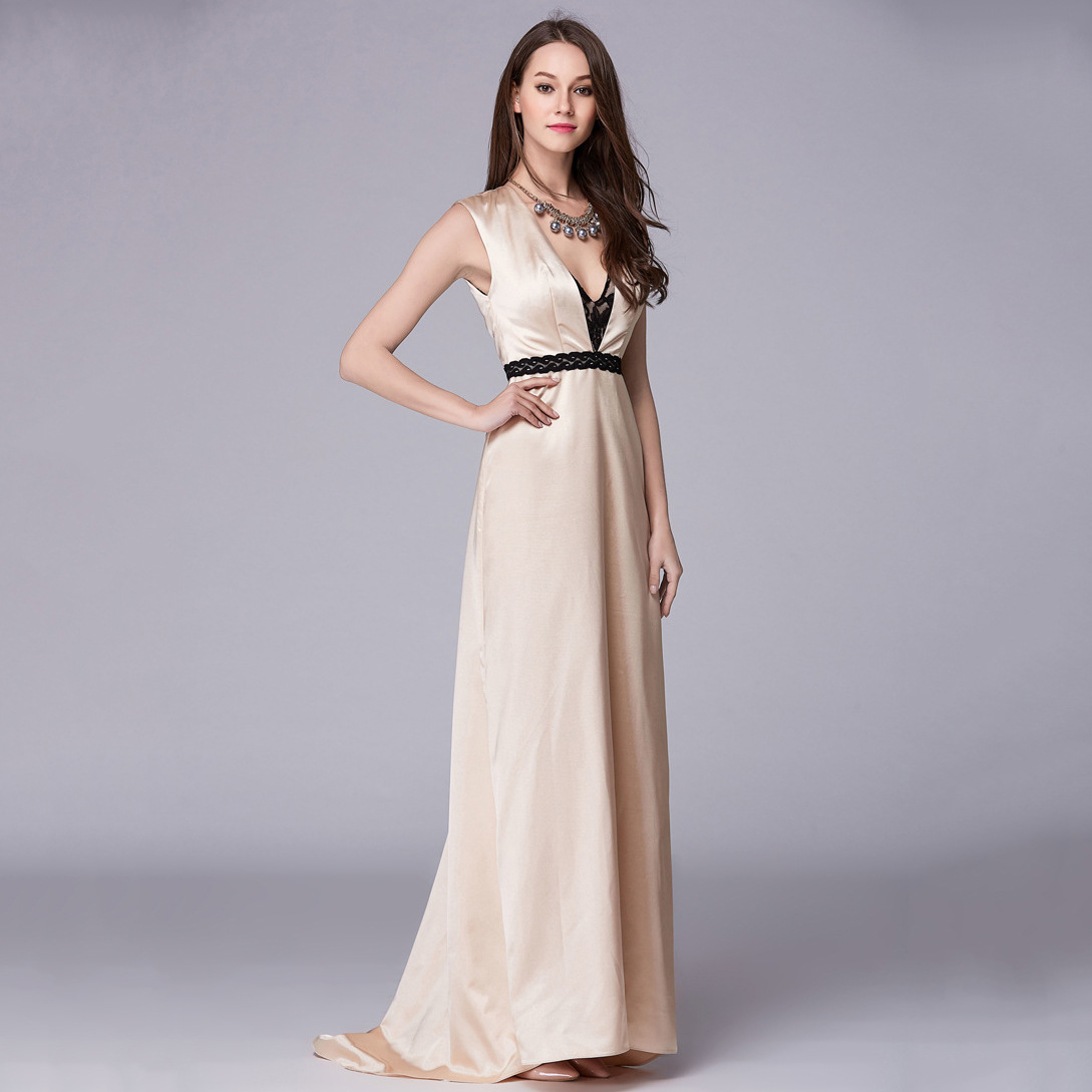 欧美性感优雅气质修身深v鱼尾绸缎露背晚宴礼服女长款