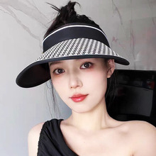 2024韩版夏季帽子女镶钻时尚千鸟格防晒空顶遮阳帽户外旅游太阳帽