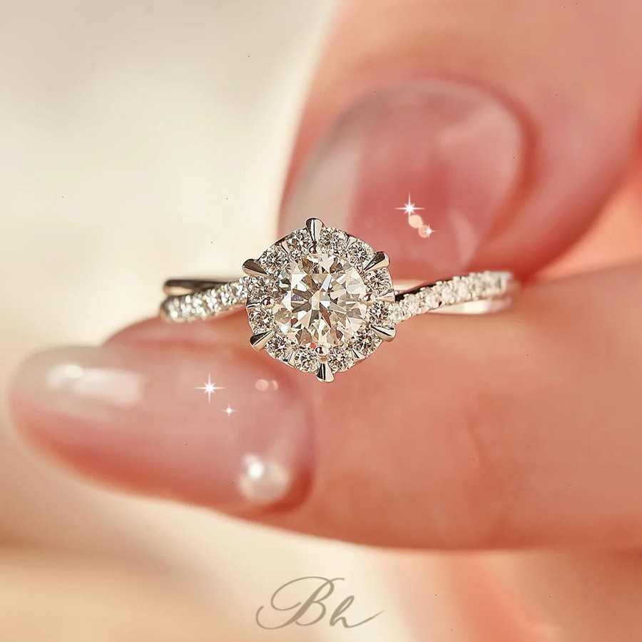 一克拉莫桑石戒指女pt950纯银六芒星订婚戒指七夕情人节礼物求婚