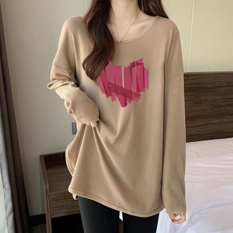 Plus Size Sunken Stripe Thread T-shirt Women's Long Sleeve Autumn Korean Loose Sweatshirt Mid-Length Bottoming Shirt Inner Wear Blouse Tide
