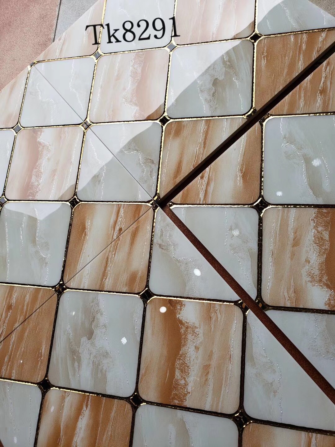 欧式镶金边菱形格子抛晶砖300x300厨卫阳台防滑地砖 镀金背景墙砖