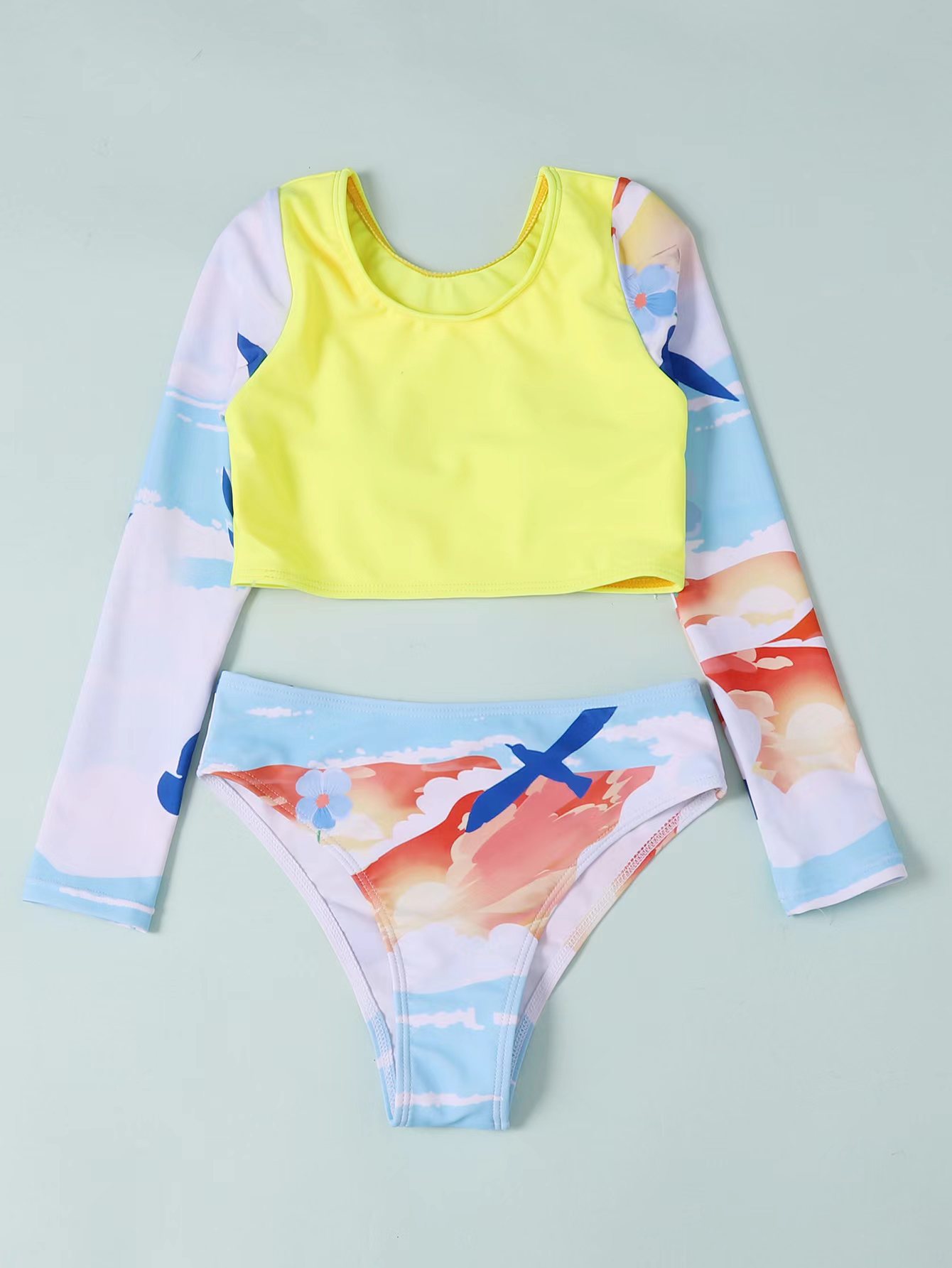 Foreign Trade Export 2023 Children's Bikini New Swimsuit Sun Protection Long Sleeve Split Big Kids Swimsuit