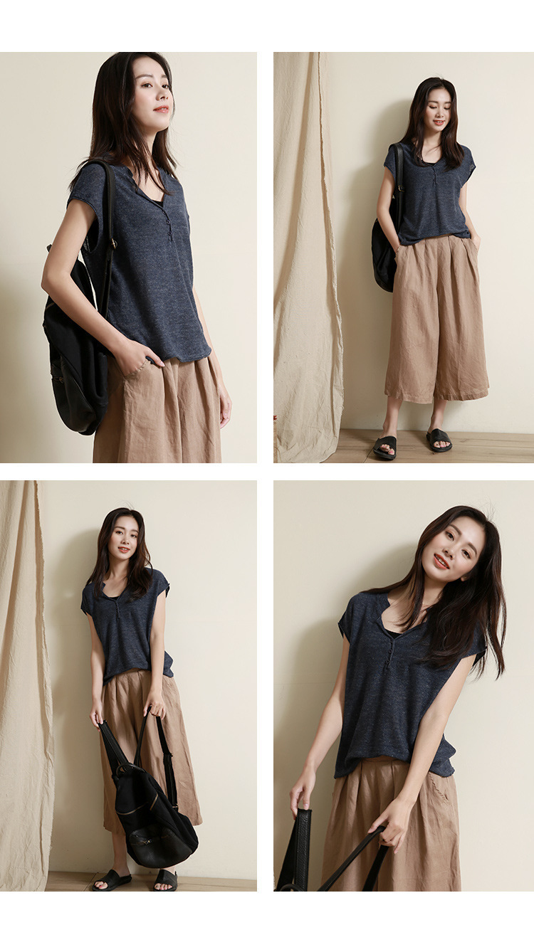 春夏季新款天丝亚麻清凉透气女v领文艺宽松短袖t恤针织衫详情16