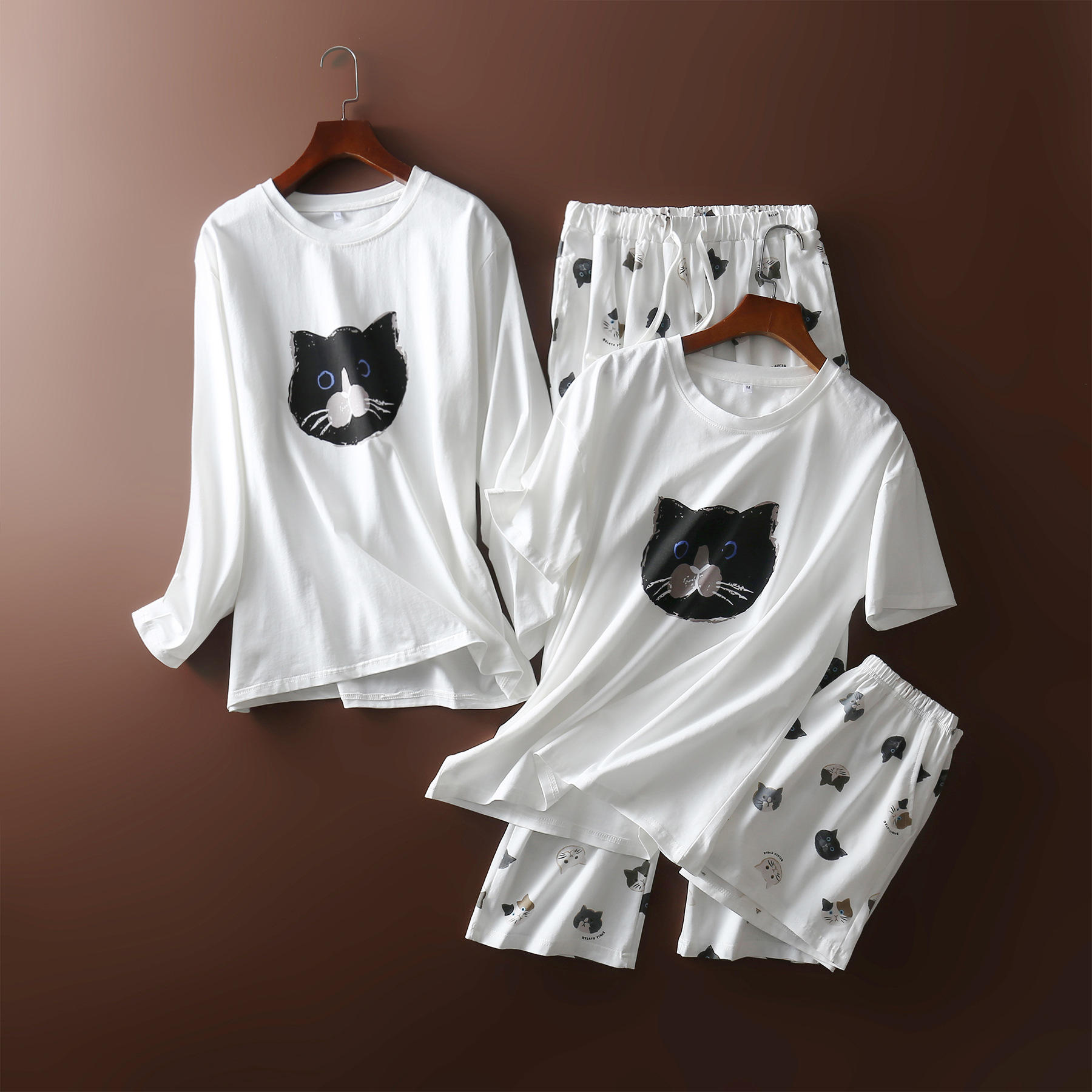 懒猫睡衣女莫代尔亲肤猫咪春秋季新款套装短袖长袖家居服情侣款