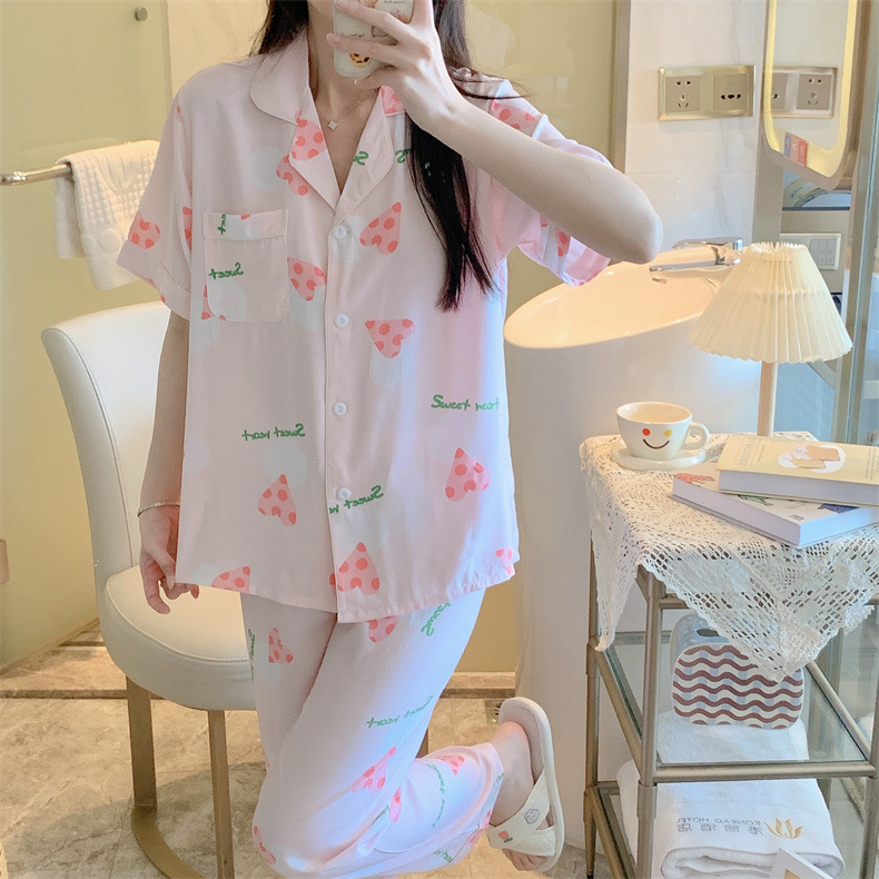 棉绸睡衣女夏季新款短袖长裤卡通印花套装少女可爱学生夏天家居服