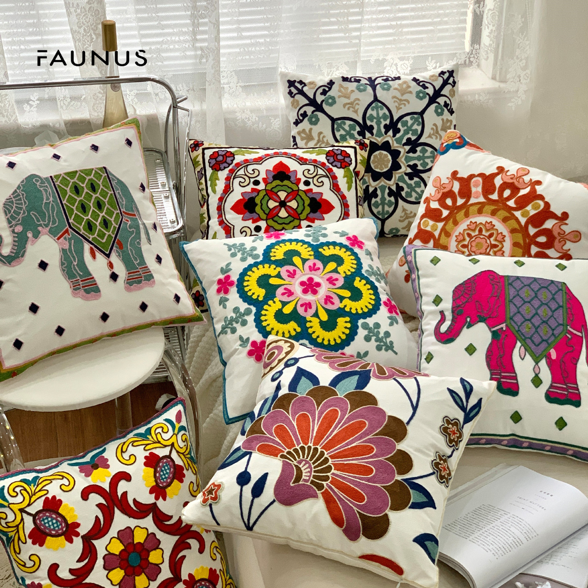 live broadcast ethnic flowers high quality embroidery elephant color embroidered pillow sofa new chinese style american sofa back cushion