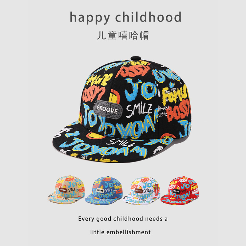 english graffiti flat-brimmed cap korean style boys and girls leather tag letter baseball cap spring and autumn new hip hop hat children‘s hat