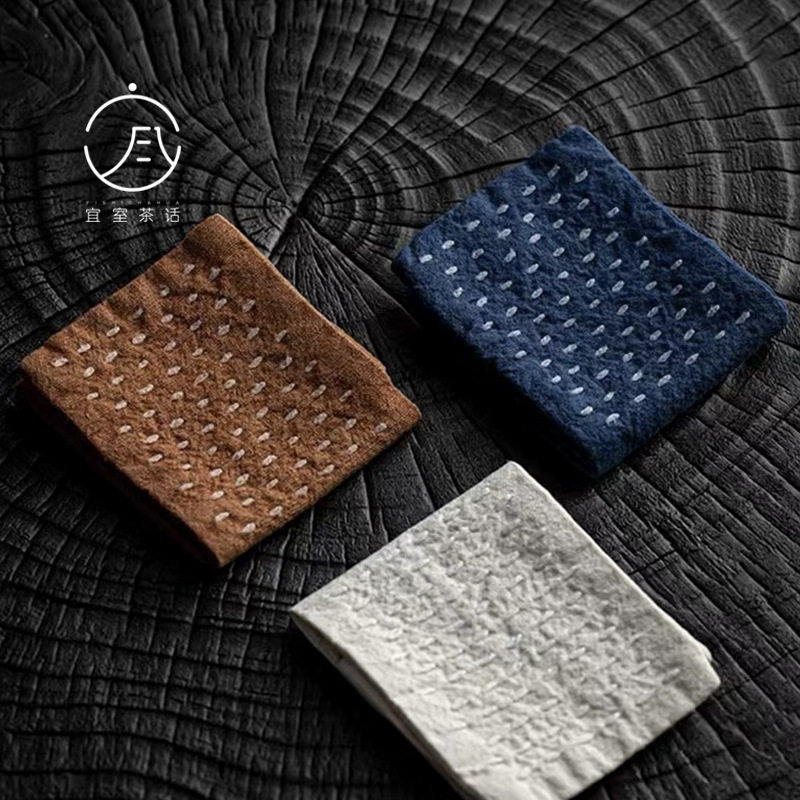 宜室茶话中式棉麻手缝三折茶巾复古织布茶杯垫壶垫养壶巾茶道配件
