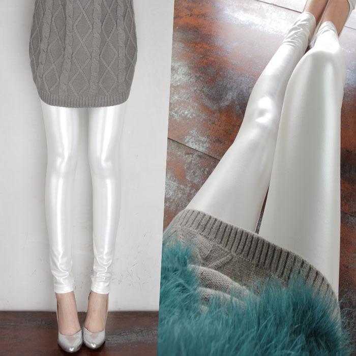 秋冬加绒亮白色 pu皮皮裤珠光白外穿打底裤小脚裤铅笔裤大码女长