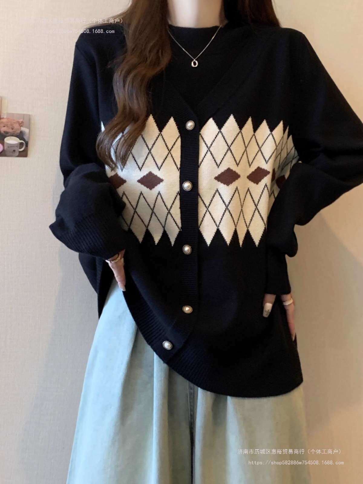 打底显瘦假两件拼接针织上衣秋冬宽松胖mm红色大码菱格毛衣女新年