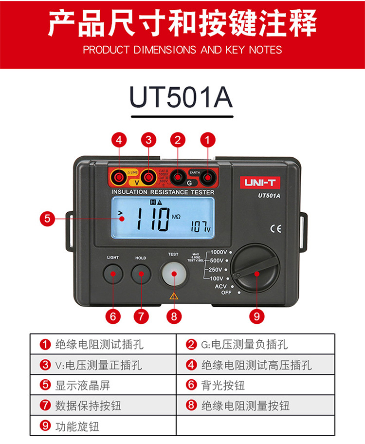 优利德 ut501a 502a绝缘电阻测试仪兆欧表电子摇表大电压智能数显