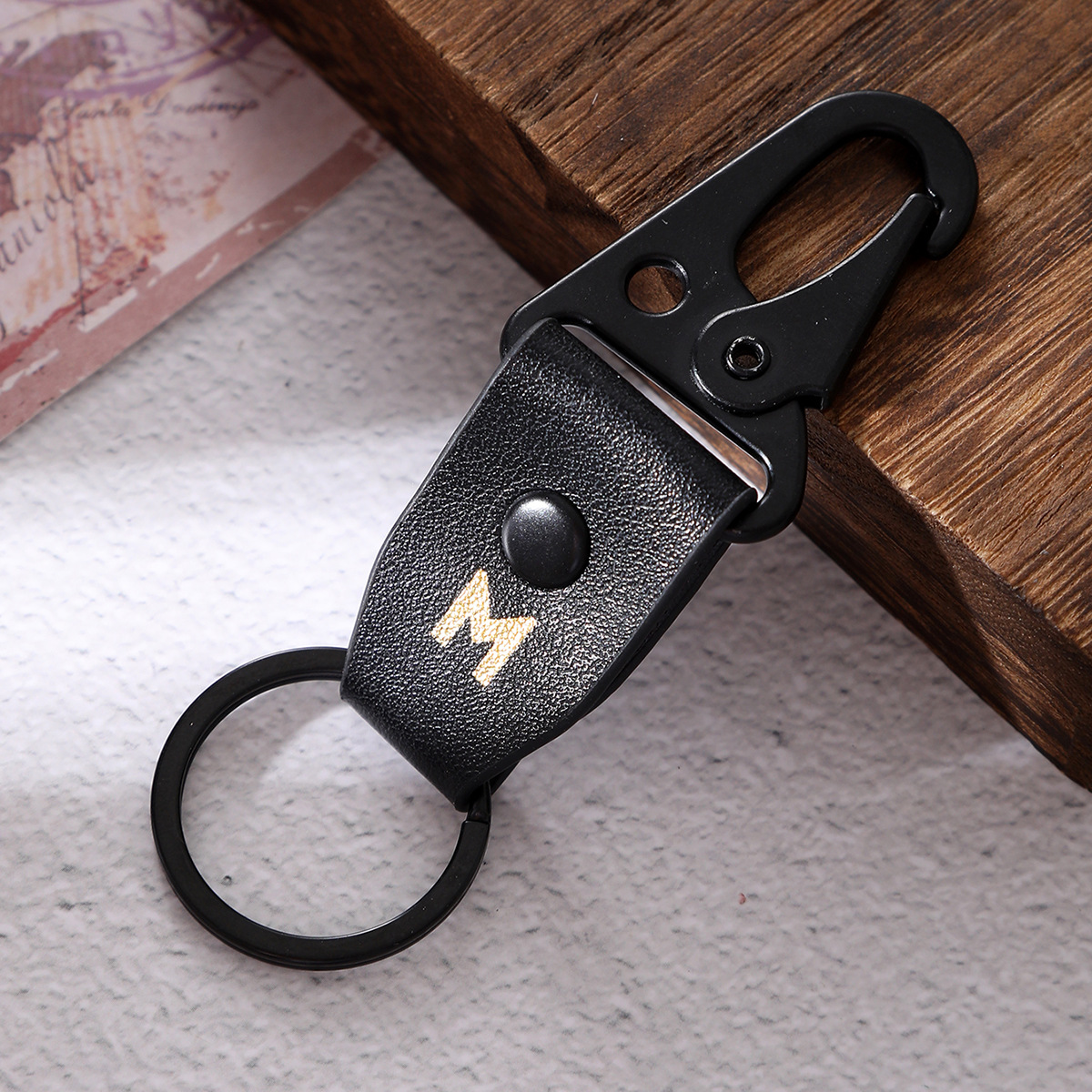 New Genuine Leather Retro Cows Pattern Leather Letter M Alloy Key Ring Automobile Hanging Ornament Cross-Border European and American Amazon