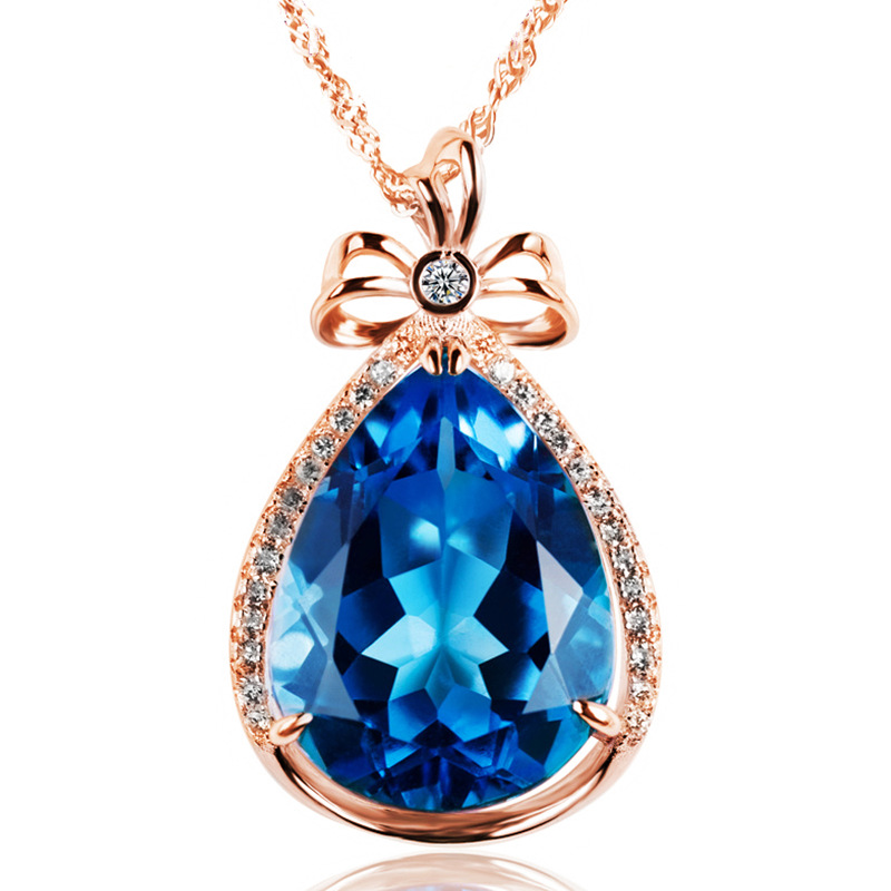 镶钻水滴钻仿托帕石吊坠 镀18k玫瑰金镶嵌锆石项链瑞士蓝水滴吊坠