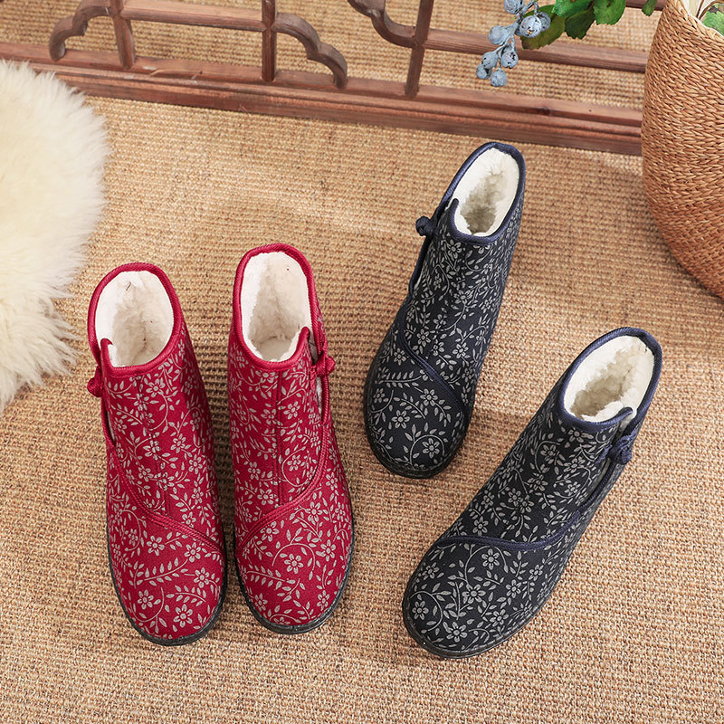 Support Processing Customized New Product Winter Old Beijing Cloth Shoes Women's Cotton Slippers High-Top with Velvet Chinese Knot Printed Cotton Shoes