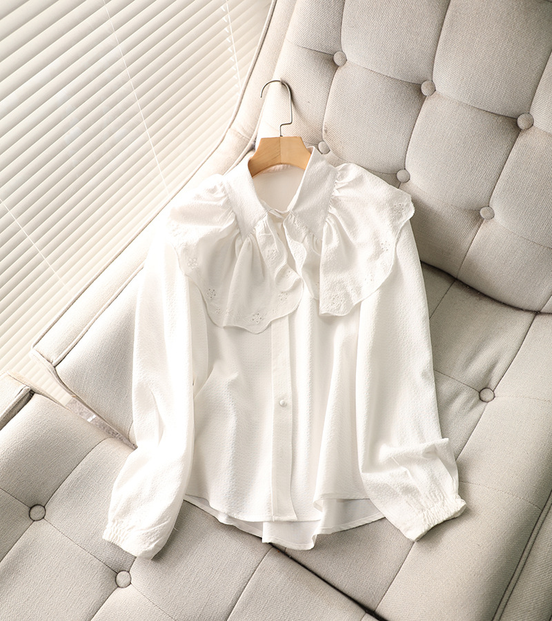 良品外贸减龄百搭白色衬衣女装 2021春季新荷叶边大翻领衬衫女