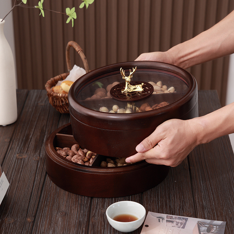 Storage Box New Chinese Style Living Room Solid Wood Nut Plate Household Candy with Lid Fruit Tea Lattice Melon Seeds Dried Fruit Box