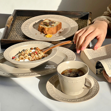 ins风法式复古浮雕餐盘餐具陶瓷盘子椭圆家用高颜值咖啡杯碟套装
